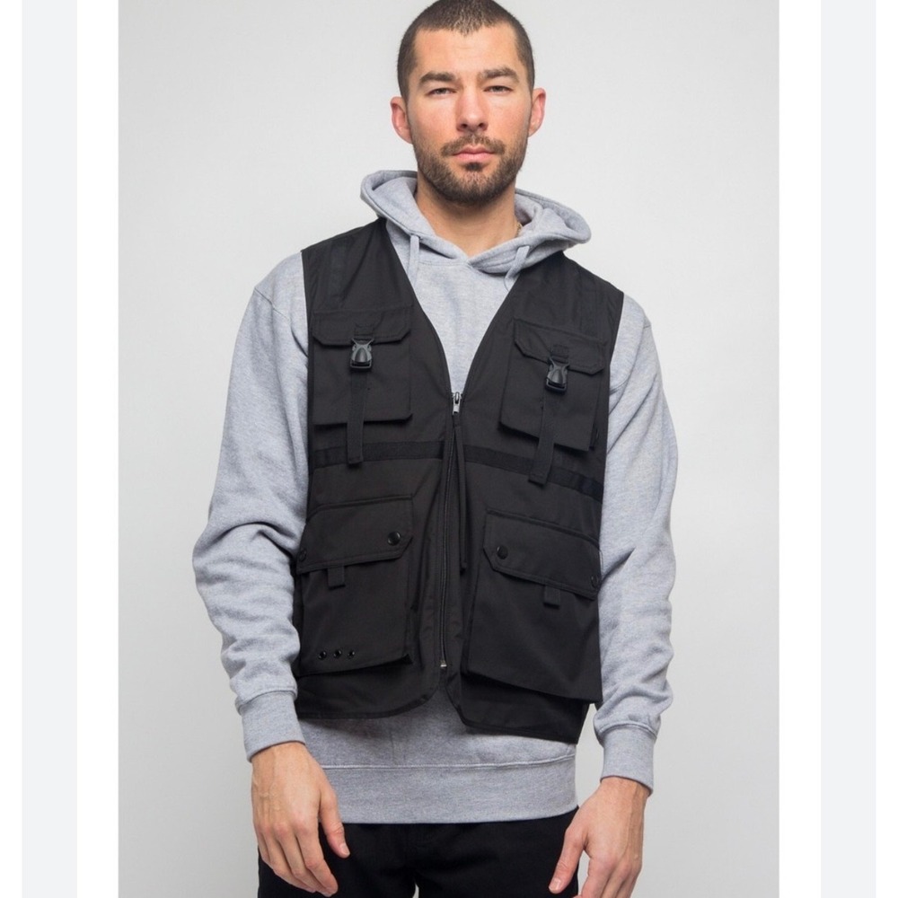 Victorious Black‎ Utility Tactical Vest XL PU Coated Cargo Pocket Streetwear